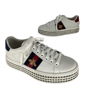 Gucci Ace Web Platform Crystal Embellished Leather Sneakers